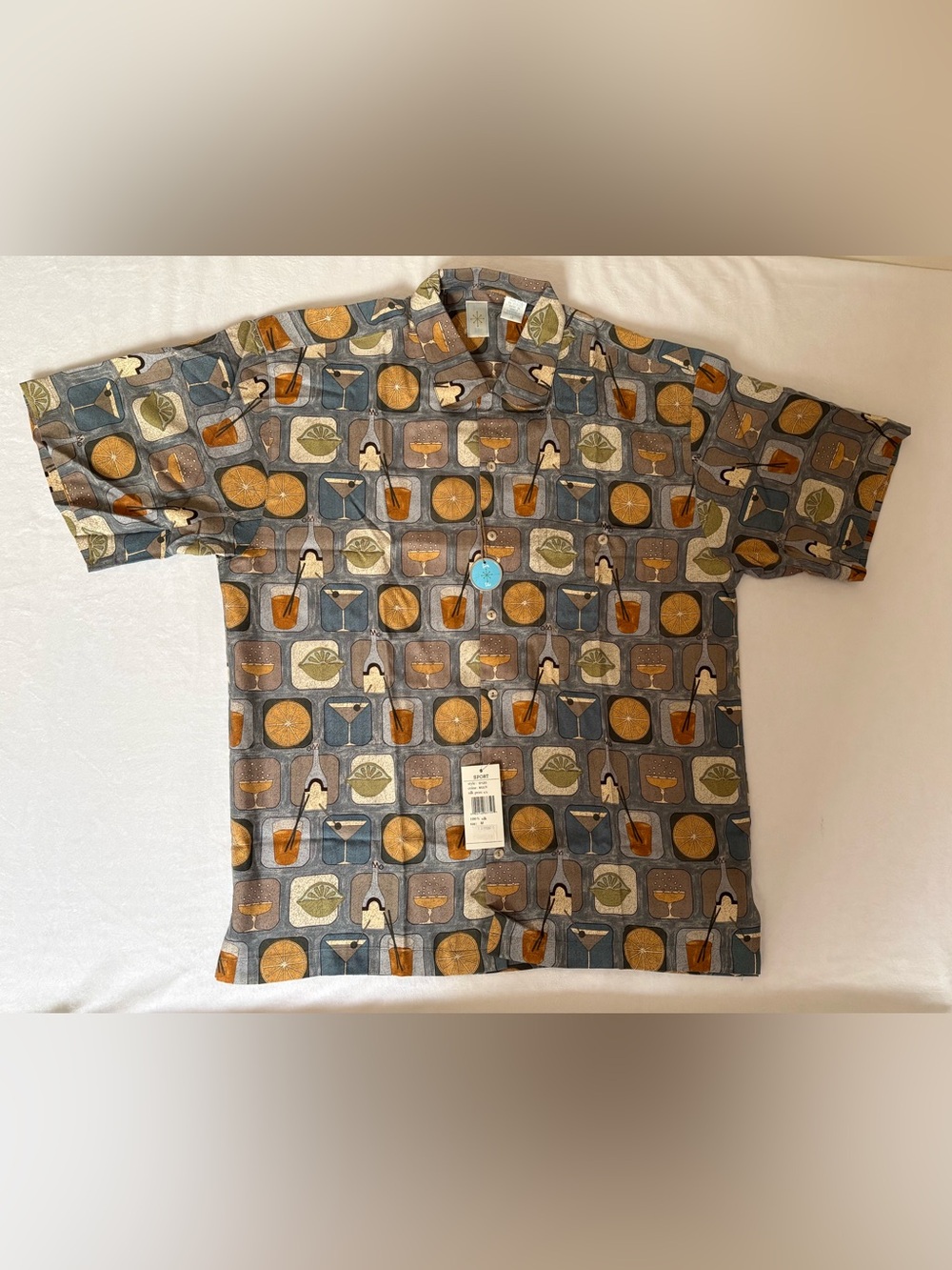 NWT M Burma Bibas Silk Men's Short Sleeve Cocktail Print Shirt - Gray/Blue